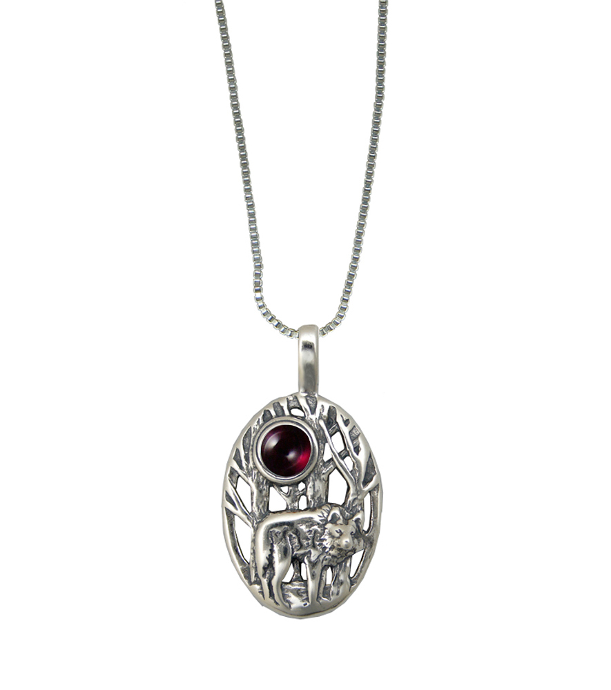 Sterling Silver Winter Wolf Pendant With Garnet